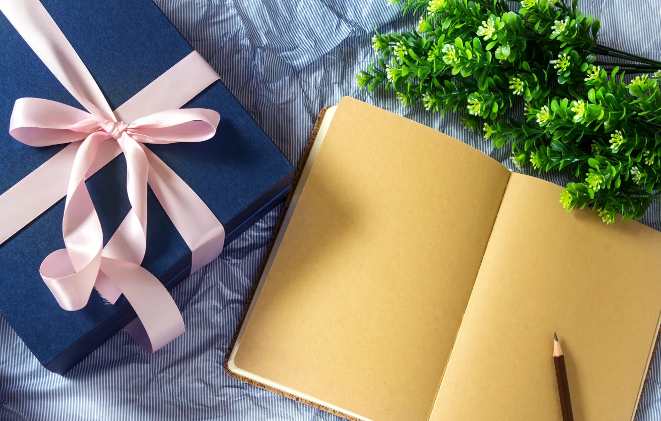Фото обои подарок, блокнот, бант, коробочка