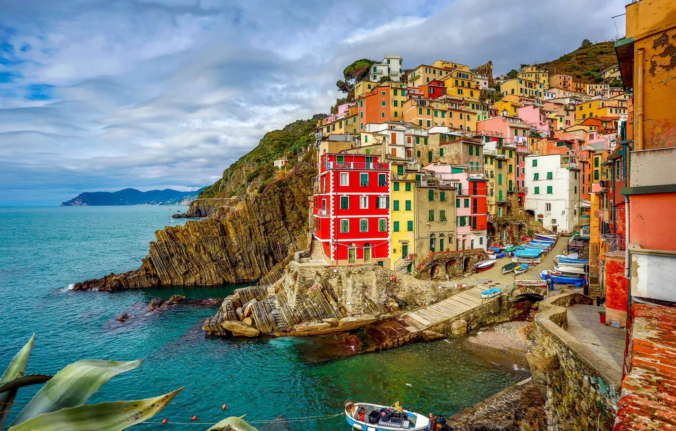 Фото обои море, побережье, здания, дома, Италия, Italy, Лигурийское море, Riomaggiore