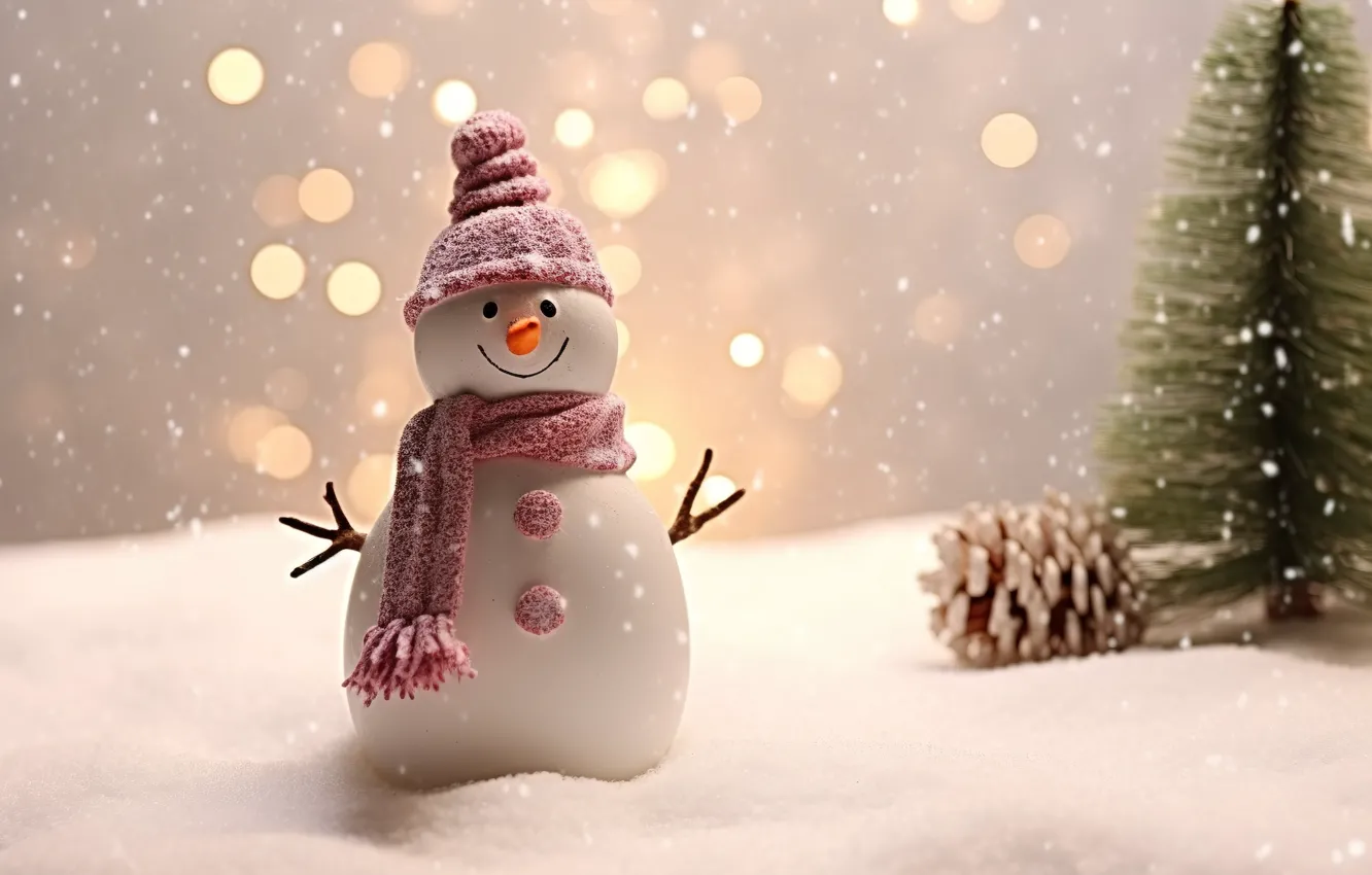 Фото обои зима, снег, елка, Новый Год, Рождество, снеговик, Christmas, winter