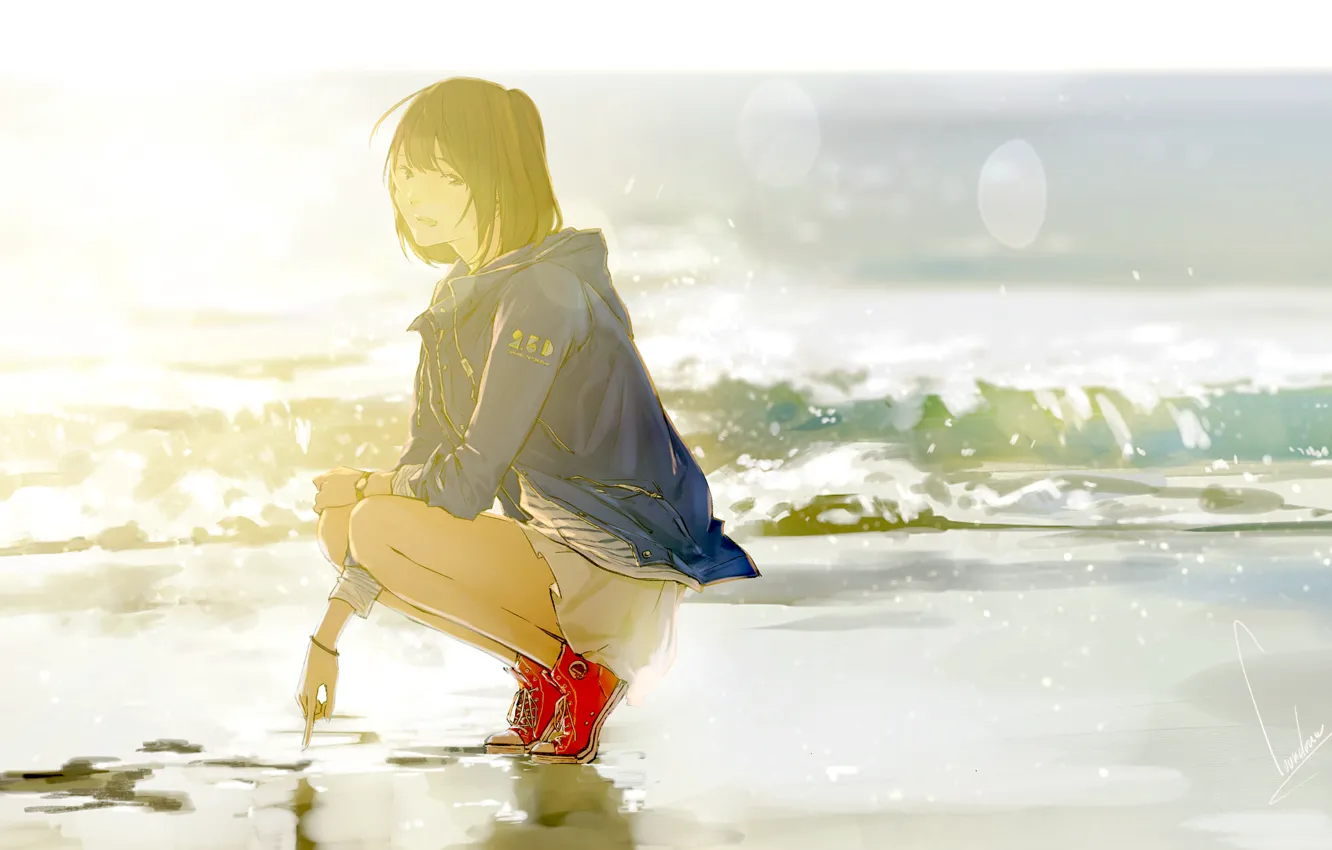 Фото обои море, взгляд, девушка, лучи, брызги, берег, аниме