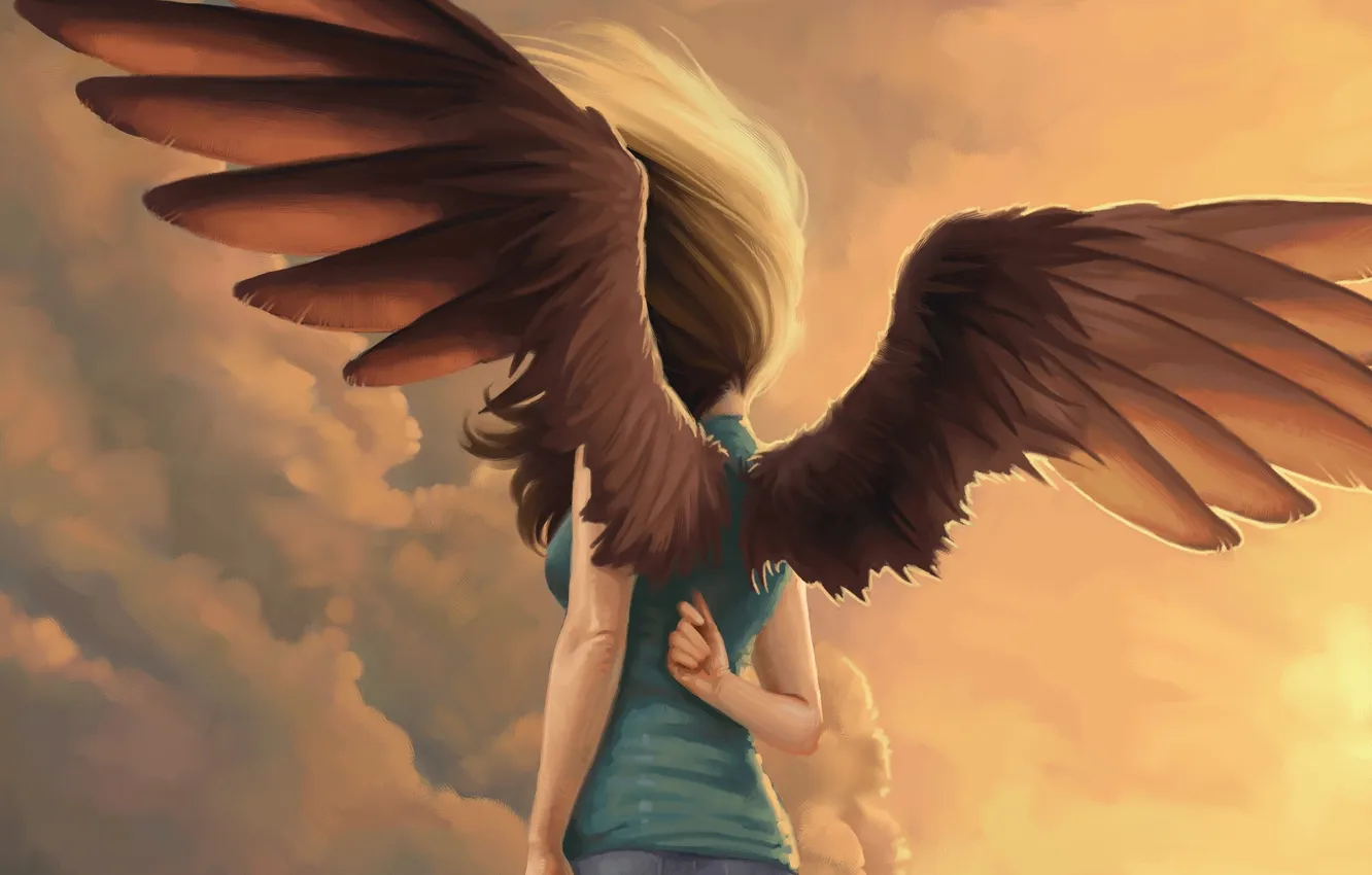 Фото обои девушка, ветер, волосы, крылья, ангел, арт, спиной, Kelly Perry