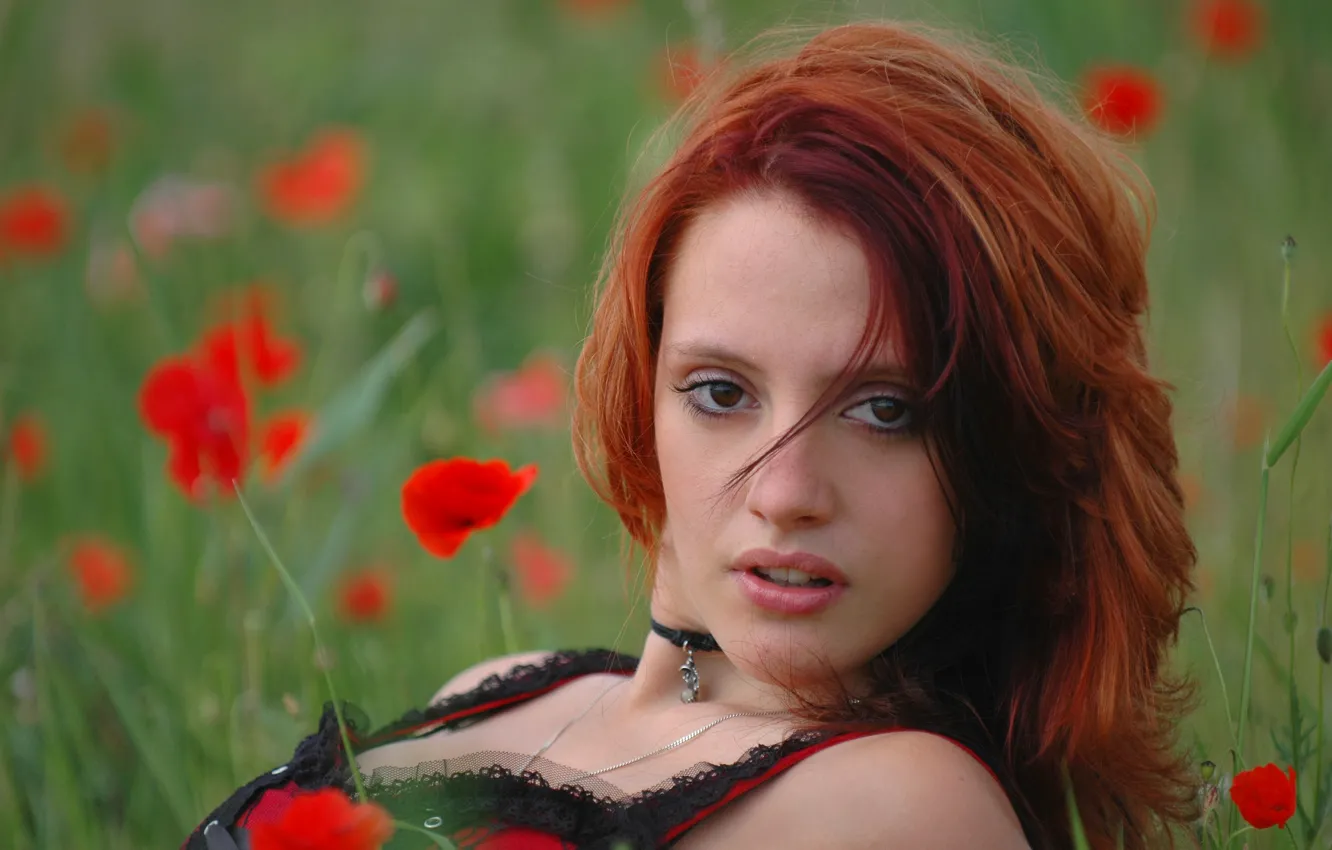 Фото обои Green, Beauty, Red Hair, Evi, Special Expression, Red Poppies