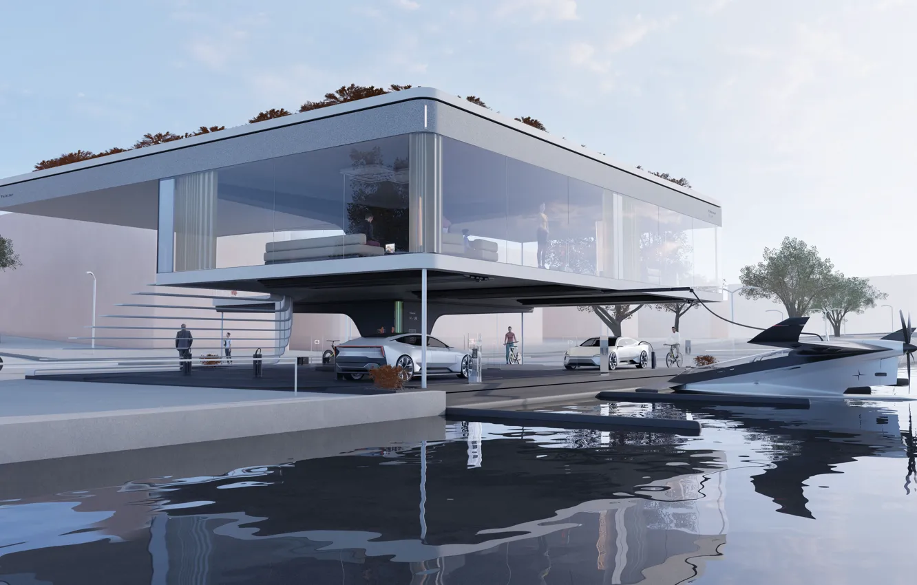 Фото обои Вода, Дом, Гараж, garage, Polestar, Polestar hydrogen seaplane, Future living, Электрический велосипед