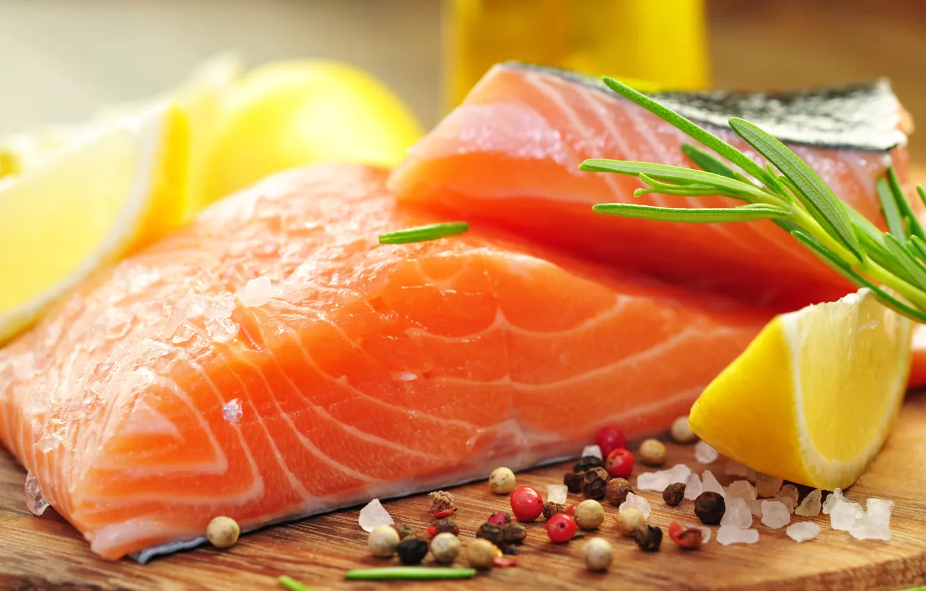 Фото обои лимон, рыба, специи, лосось, розмарин