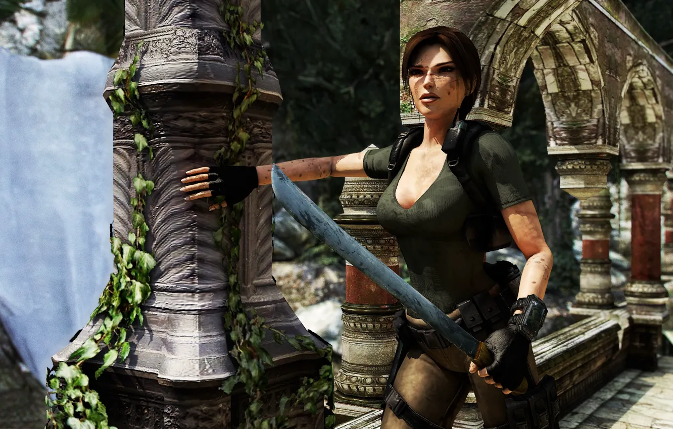 Фото обои девушка, природа, фантастика, меч, колонны, Tomb Raider, Лара Крофт, пейджик