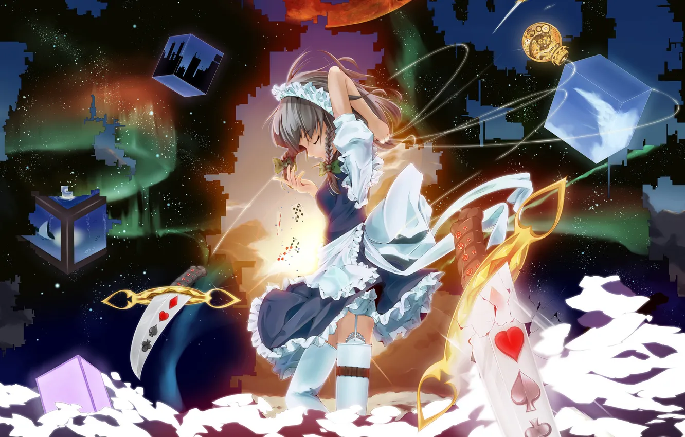 Фото обои девушка, абстракция, арт, нож, куб, масть, touhou, Izayoi Sakuya