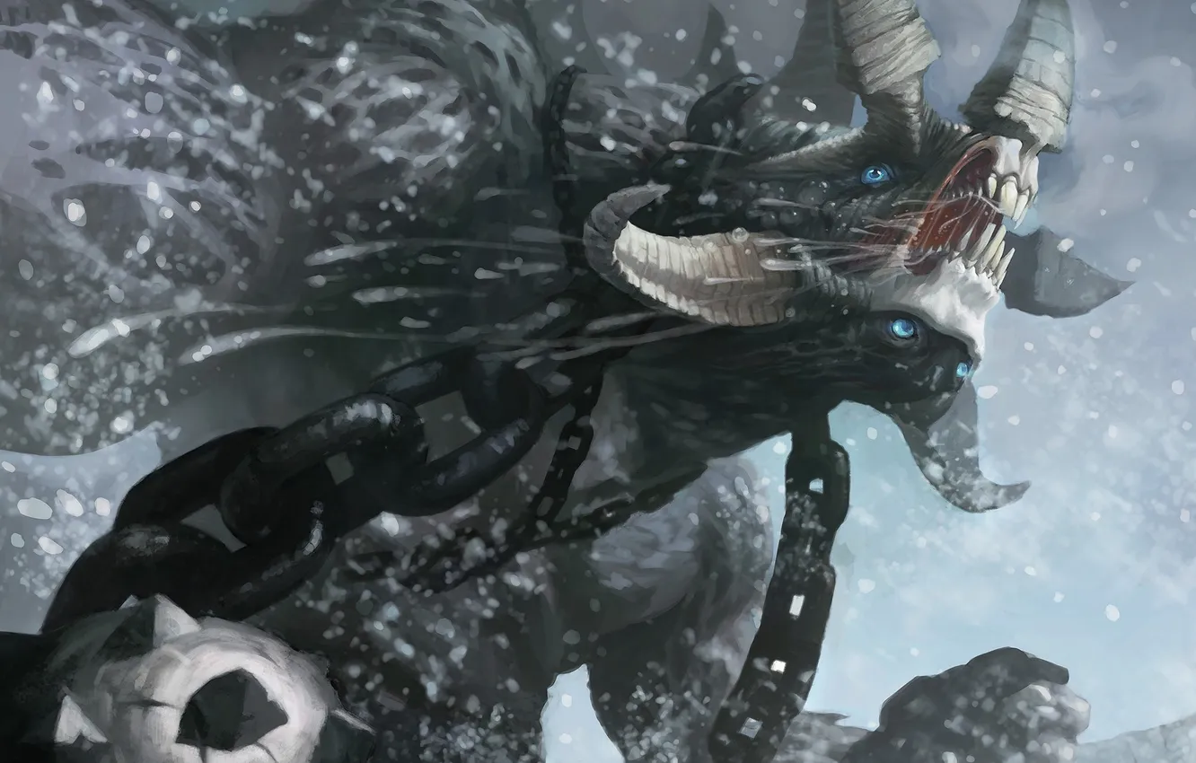 Фото обои снег, шар, монстр, арт, шипы, рога, цепи