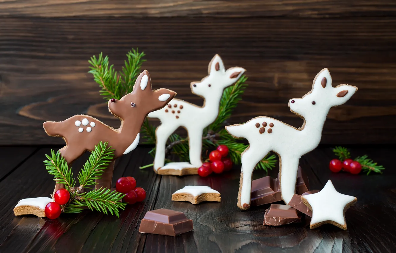 Фото обои елка, шоколад, ветка, печенье, Рождество, олени, Christmas, сладкое