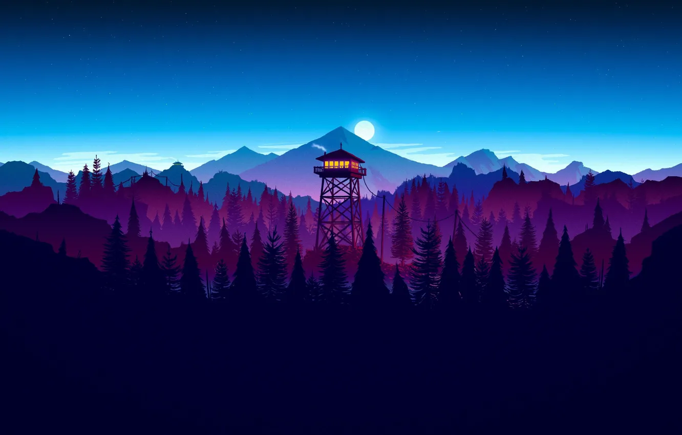 Фото обои moon, game, forest, sky, night, cloud, kumo, Firewatch