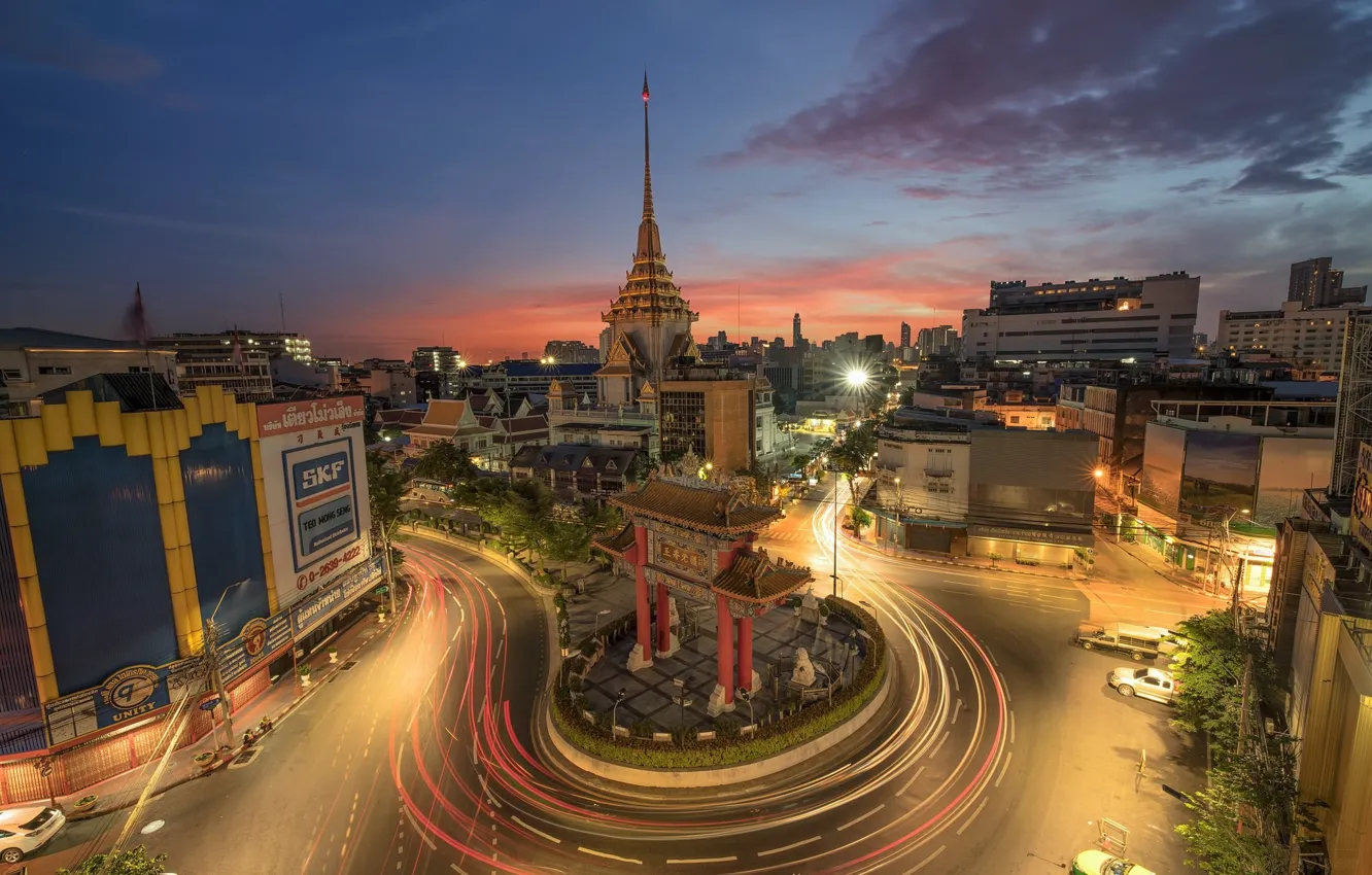 Фото обои дорога, город, огни, здания, кольцо, Таиланд, Тайланд, Бангкок