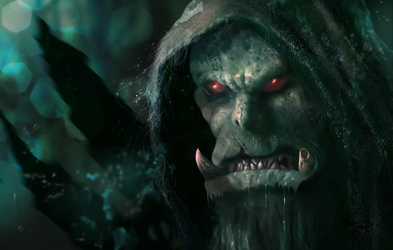 Фото обои WOW, game, Warcraft, face, fang, evil, head, hood
