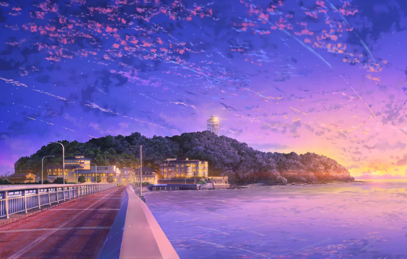 Фото обои Закат, Небо, Япония, Остров, Здания, Japan, Пейзаж, Sky
