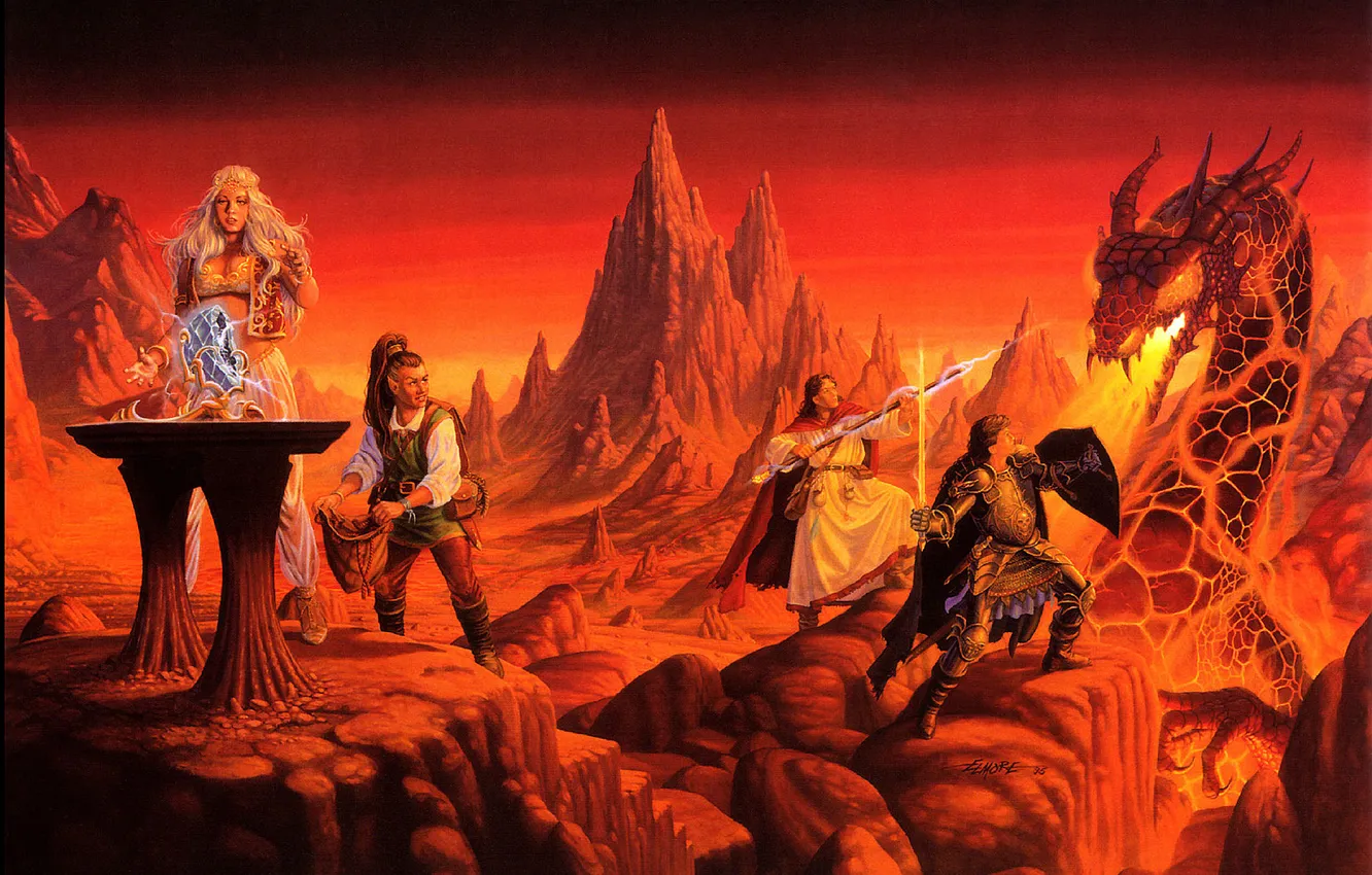 Фото обои Горы, Дракон, Магия, Воины, Воители, Larry Elmore, Ларри Элмор