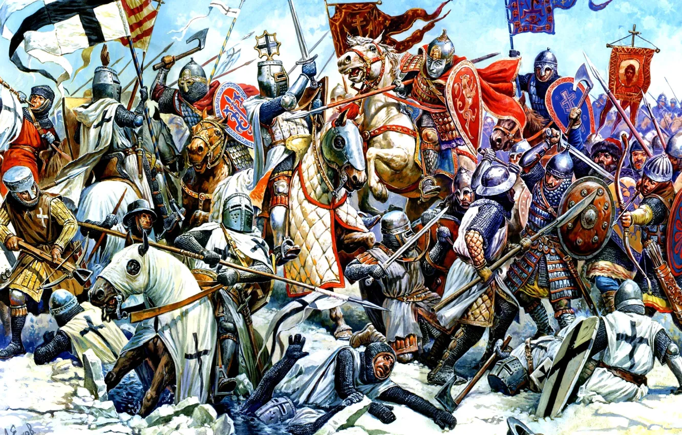 Фото обои вода, рисунок, лёд, доспехи, лошади, мечи, рыцари, щиты