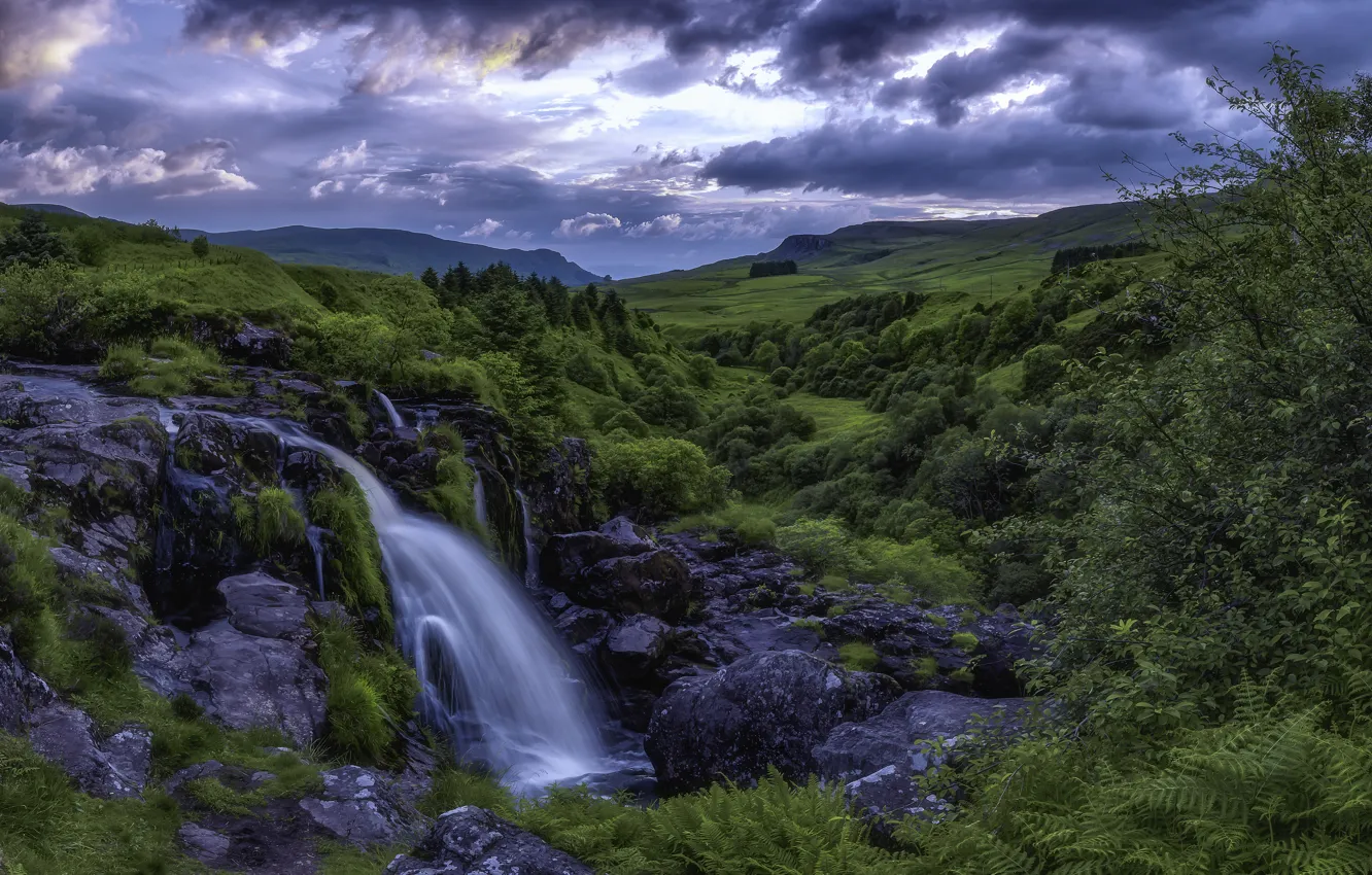 Фото обои зелень, камни, водопад, долина, Шотландия, каскад, Scotland, Fintry