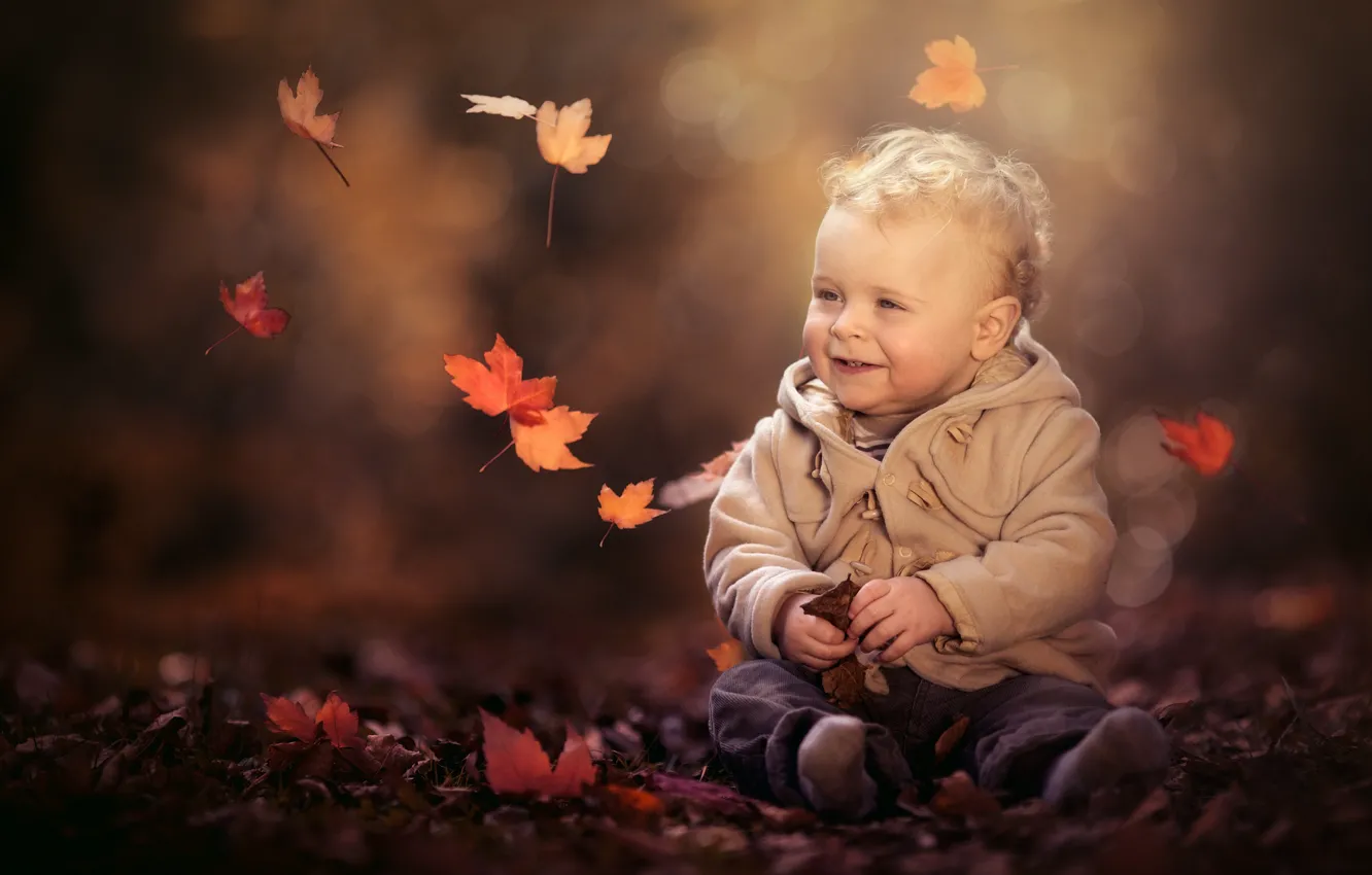 Фото обои осень, листья, природа, мальчик, малыш, куртка, ребёнок, боке