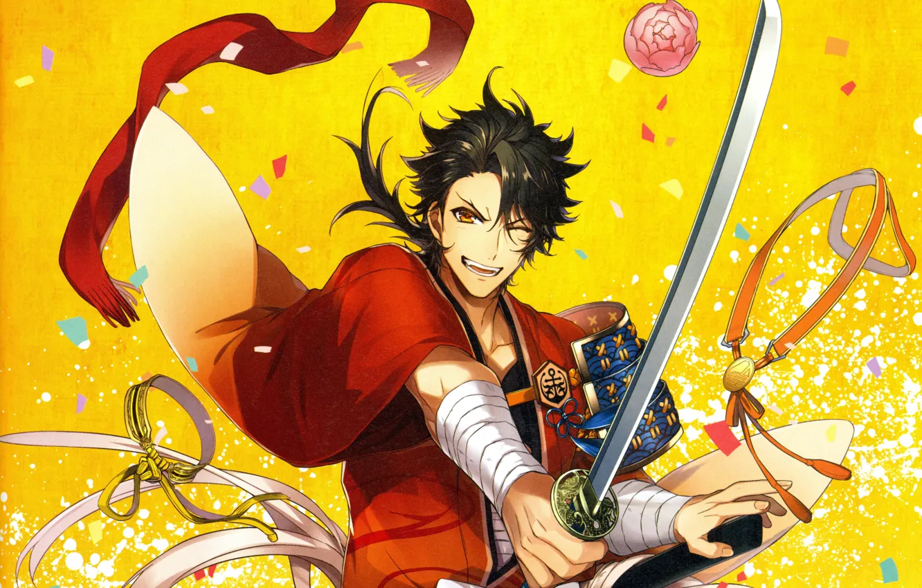 Фото обои улыбка, катана, самурай, желтый фон, бинты, красный шарф, наплечник, touken ranbu
