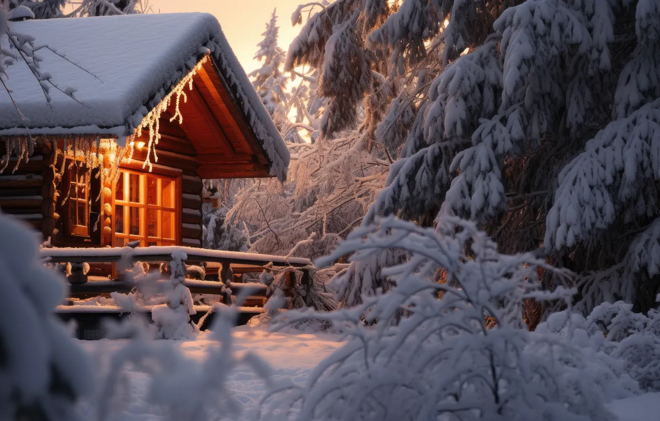 Фото обои зима, лес, снег, домик, house, хижина, forest, winter