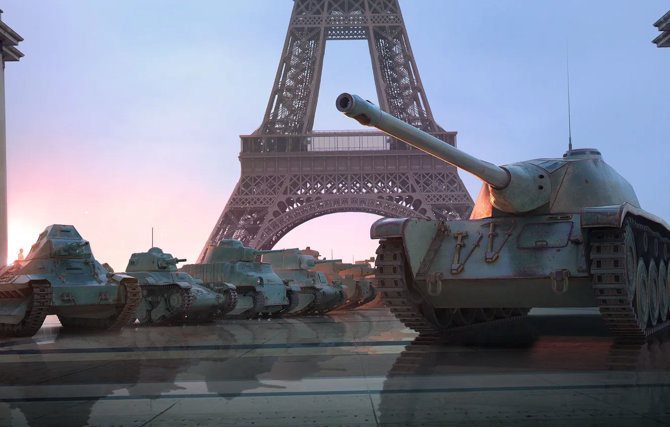 Фото обои рассвет, Франция, Париж, Эйфелева башня, танки, World of Tanks, WOT