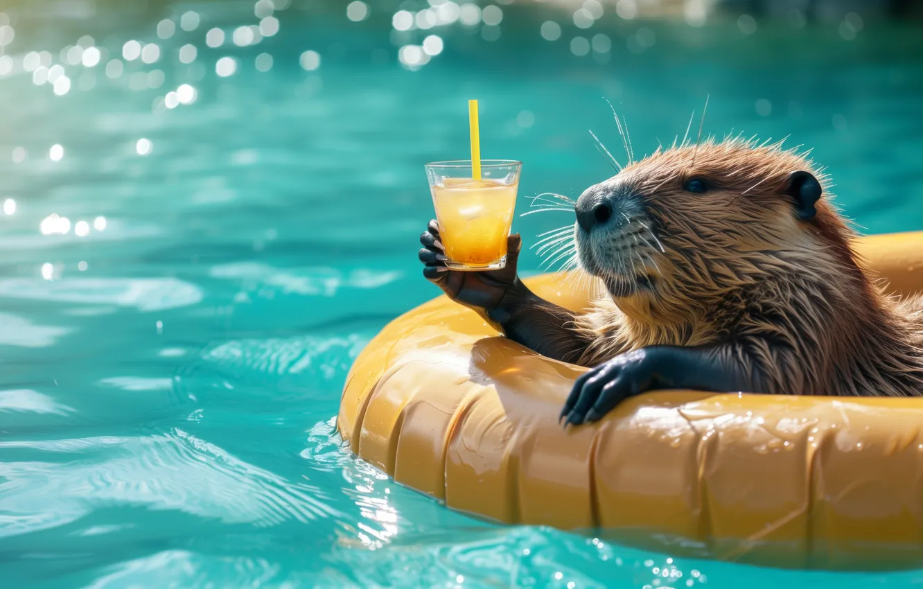 Фото обои yellow, drink, swimming pool, teal, beavers, AI art