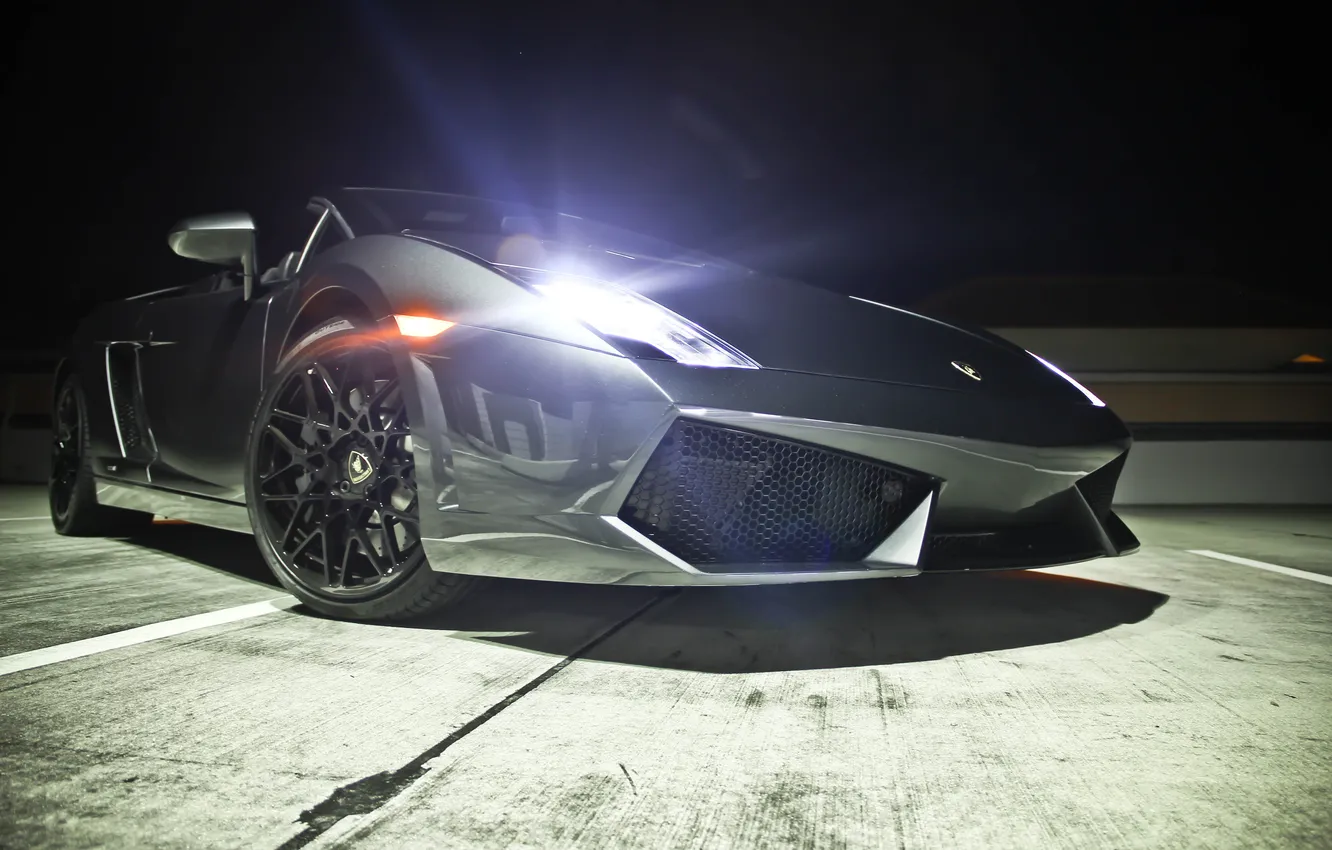 Фото обои ночь, gallardo, кабриолет, lamborghini, вид спереди, grey, night, свет фар