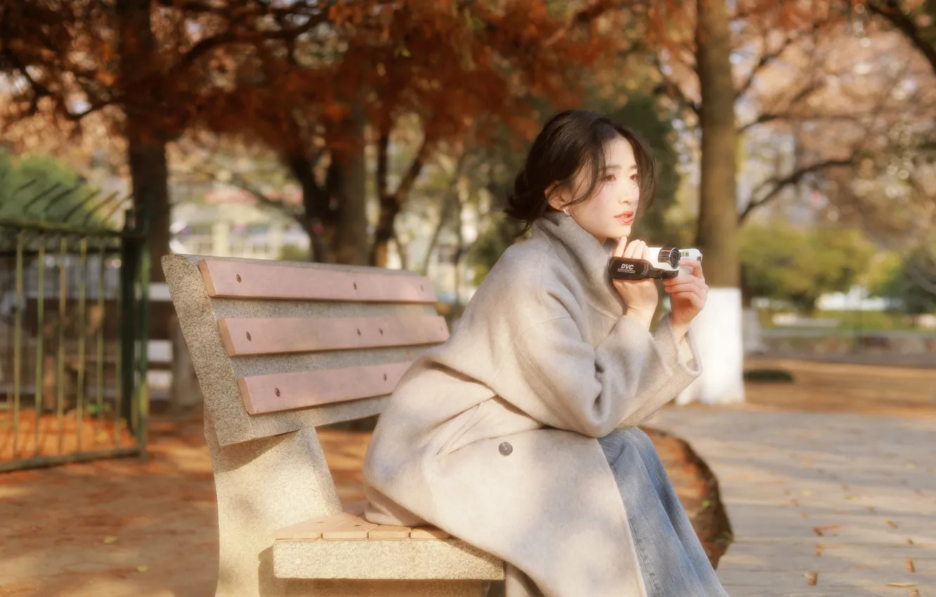 Фото обои Beautiful, Asian, Model, Tree, Camera, Woman, Cute, Jacket