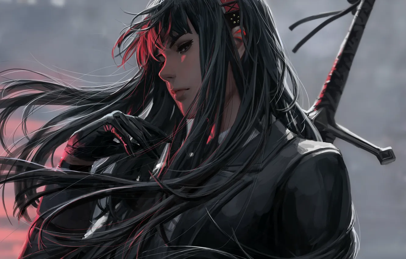 Фото обои ветер, меч, серый фон, перчатка, длинные волосы, кожаная куртка, в профиль, женщина-воин