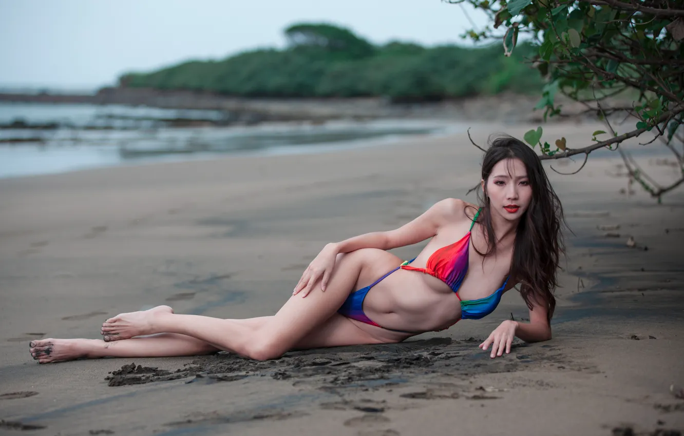 Фото обои девушка, берег, азиатка