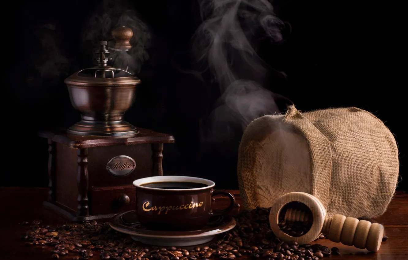 Фото обои кофе, кофейные зёрна, аромат, мешочек, кофемолка