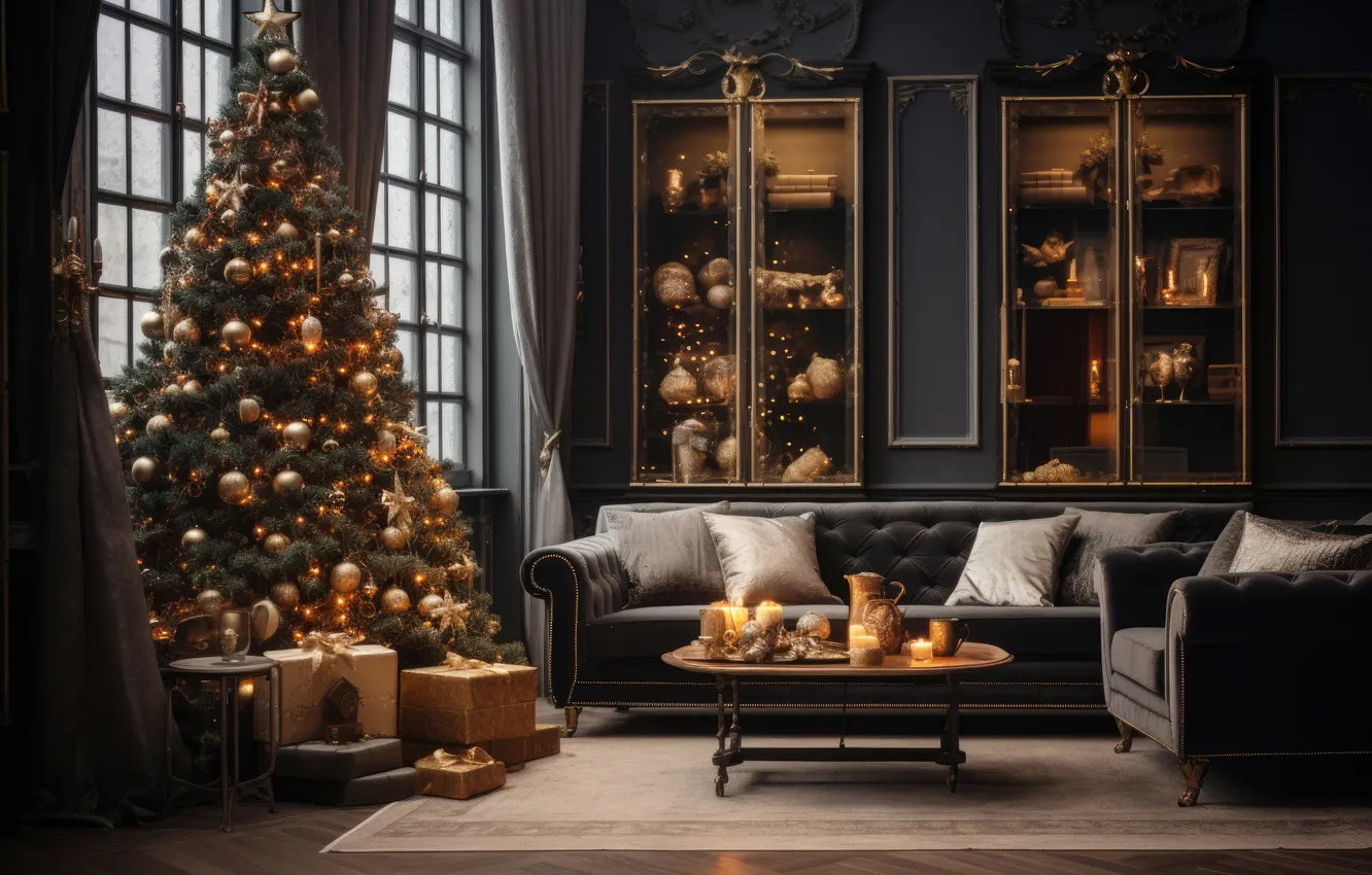Фото обои комната, елка, интерьер, Рождество, Новый год, Christmas, tree, interior