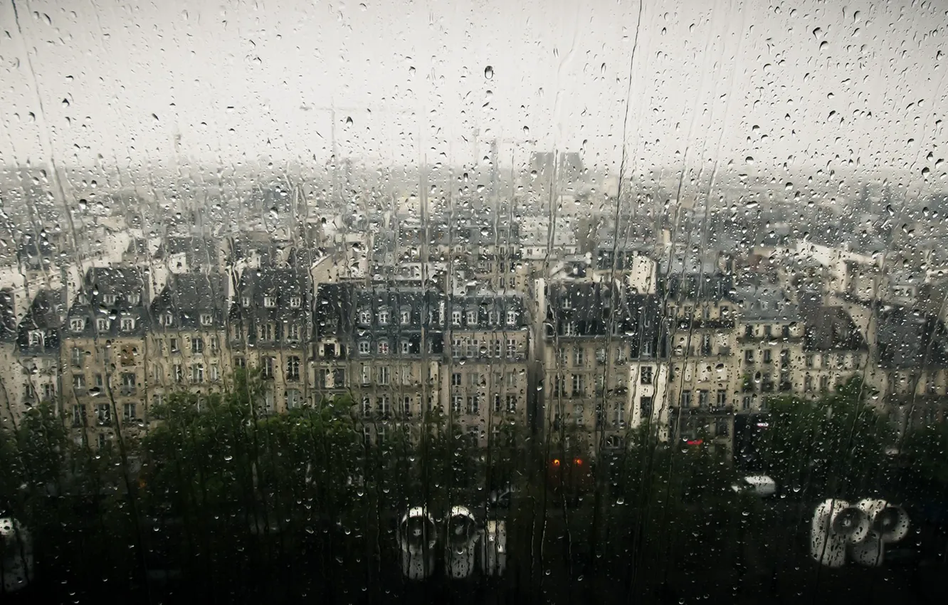 Фото обои капли, город, дождь, окно