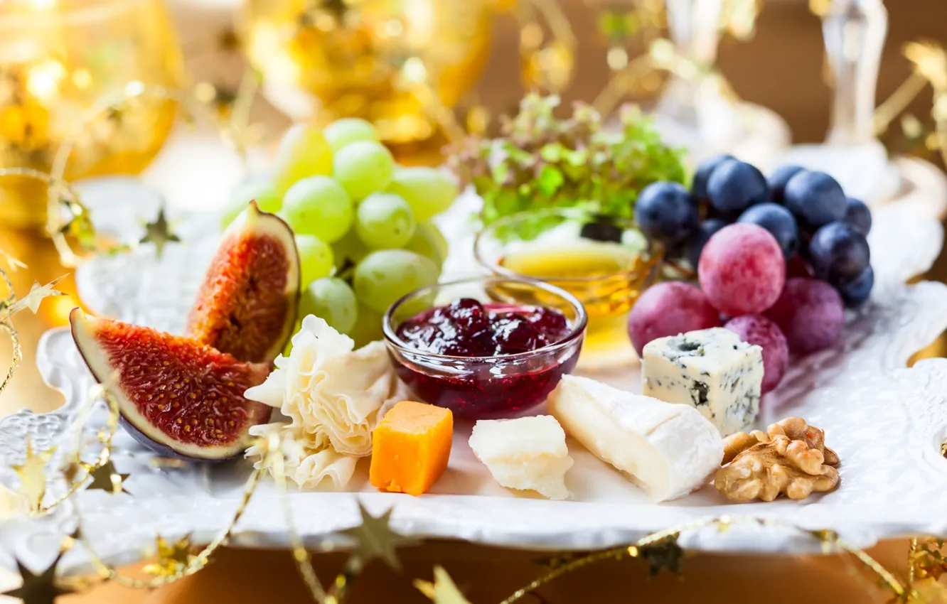 Фото обои сыр, орех, виноград, джем, ассорти, инжир