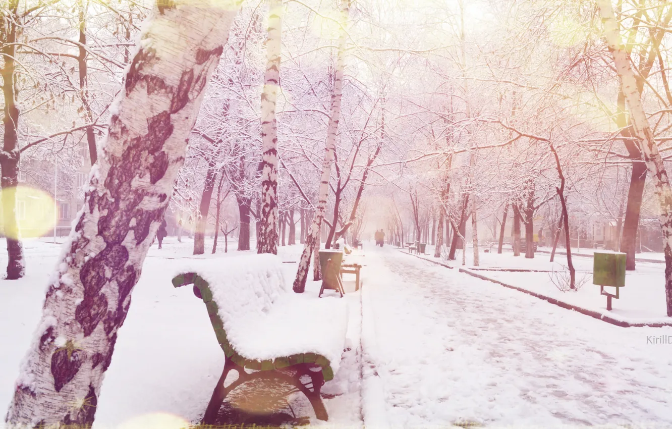 Фото обои Зима, Снег, Лавочка