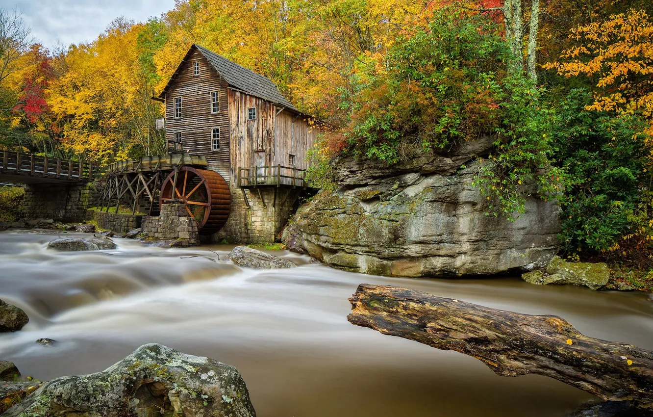 Фото обои осень, лес, ручей, камни, США, Babcock State Park, мостик, водяная мельница