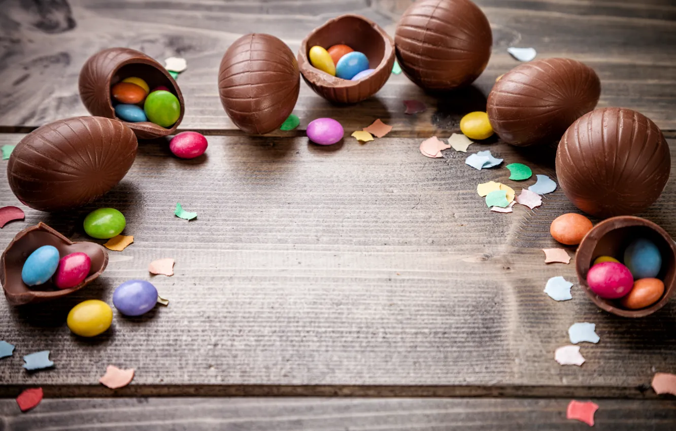 Фото обои шоколад, яйца, colorful, конфеты, Пасха, wood, chocolate, spring