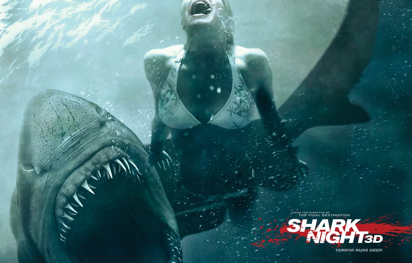 Фото обои вода, девушка, акула, ужас, челюсти в 3d