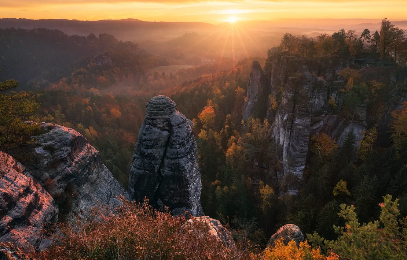 Фото обои осень, горы, скалы, Германия, Эльбские Песчаниковые горы