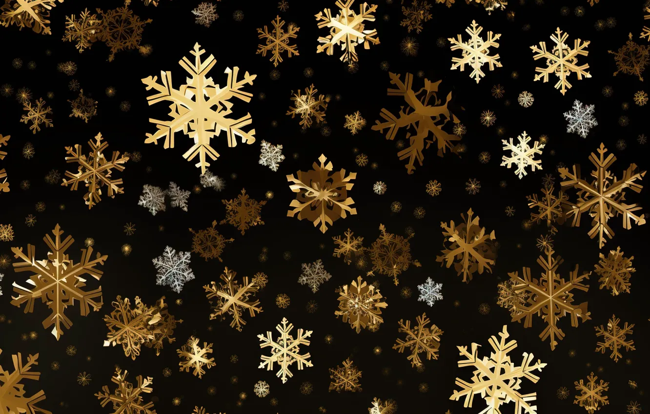 Фото обои снежинки, фон, золото, черный, Новый Год, Рождество, golden, happy