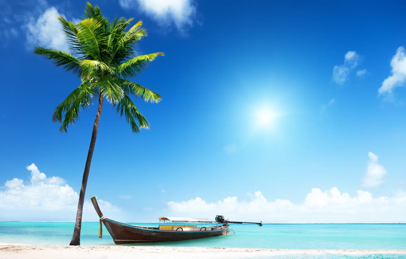 Фото обои песок, море, пляж, солнце, пальмы, берег, лодка, summer