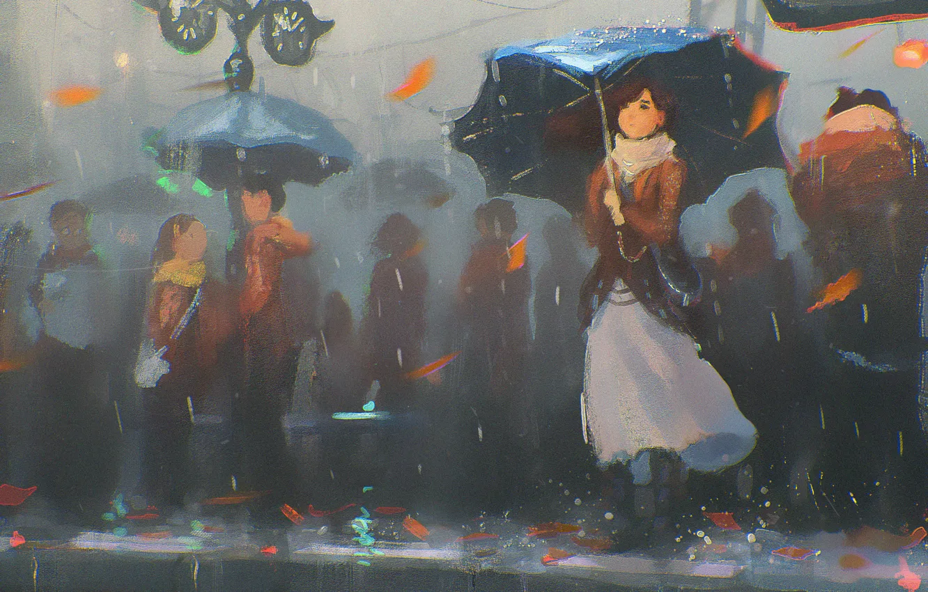 Фото обои девушка, дождь, улица, зонт, арт