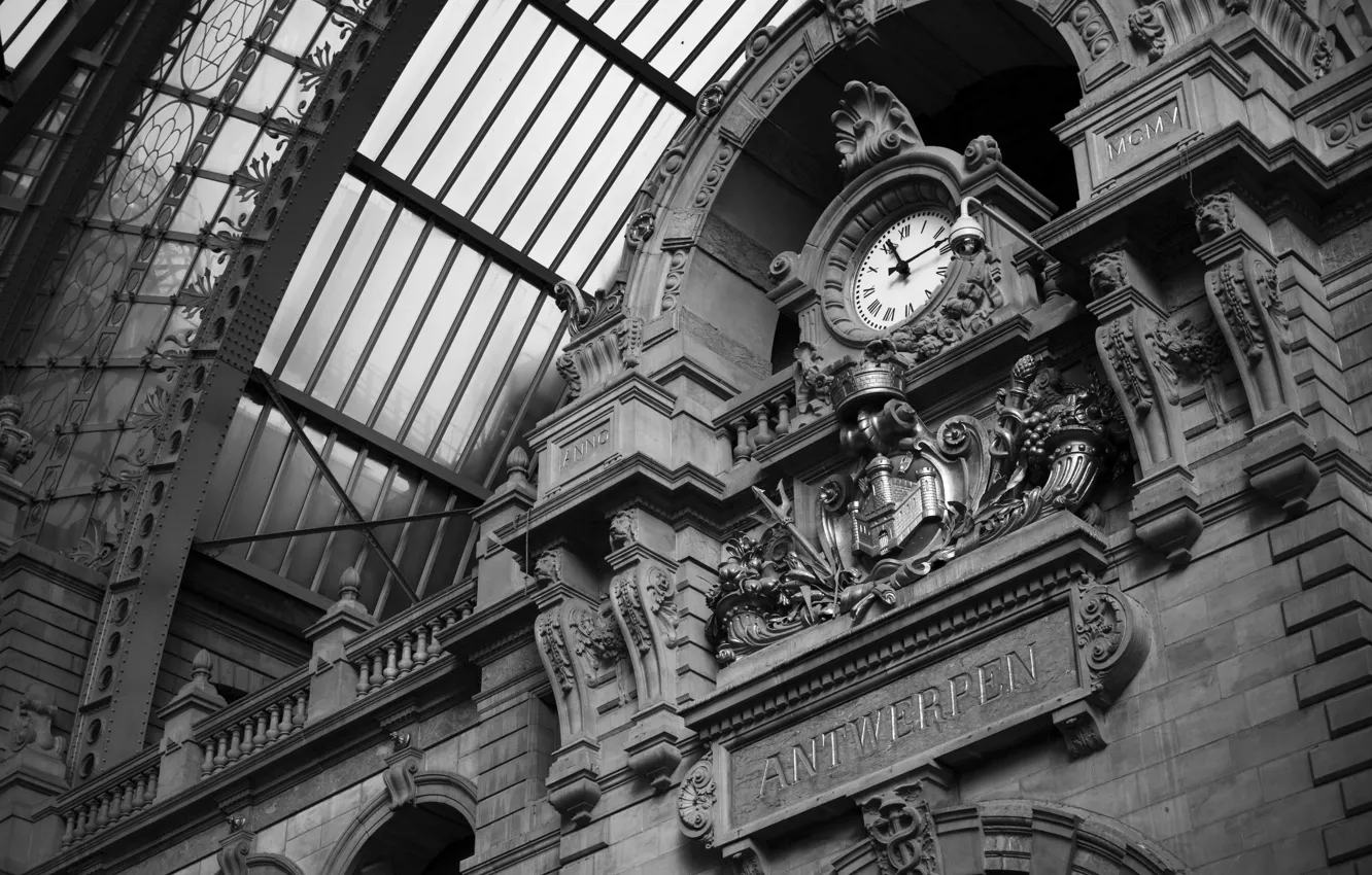 Фото обои часы, монохромный, Черно - белое, Antwerpen, железнодорожная станция