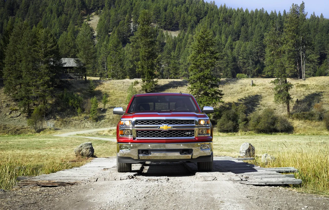 Фото обои Красный, Chevrolet, Лес, Шевроле, Фары, Пикап, Передок, Silverado