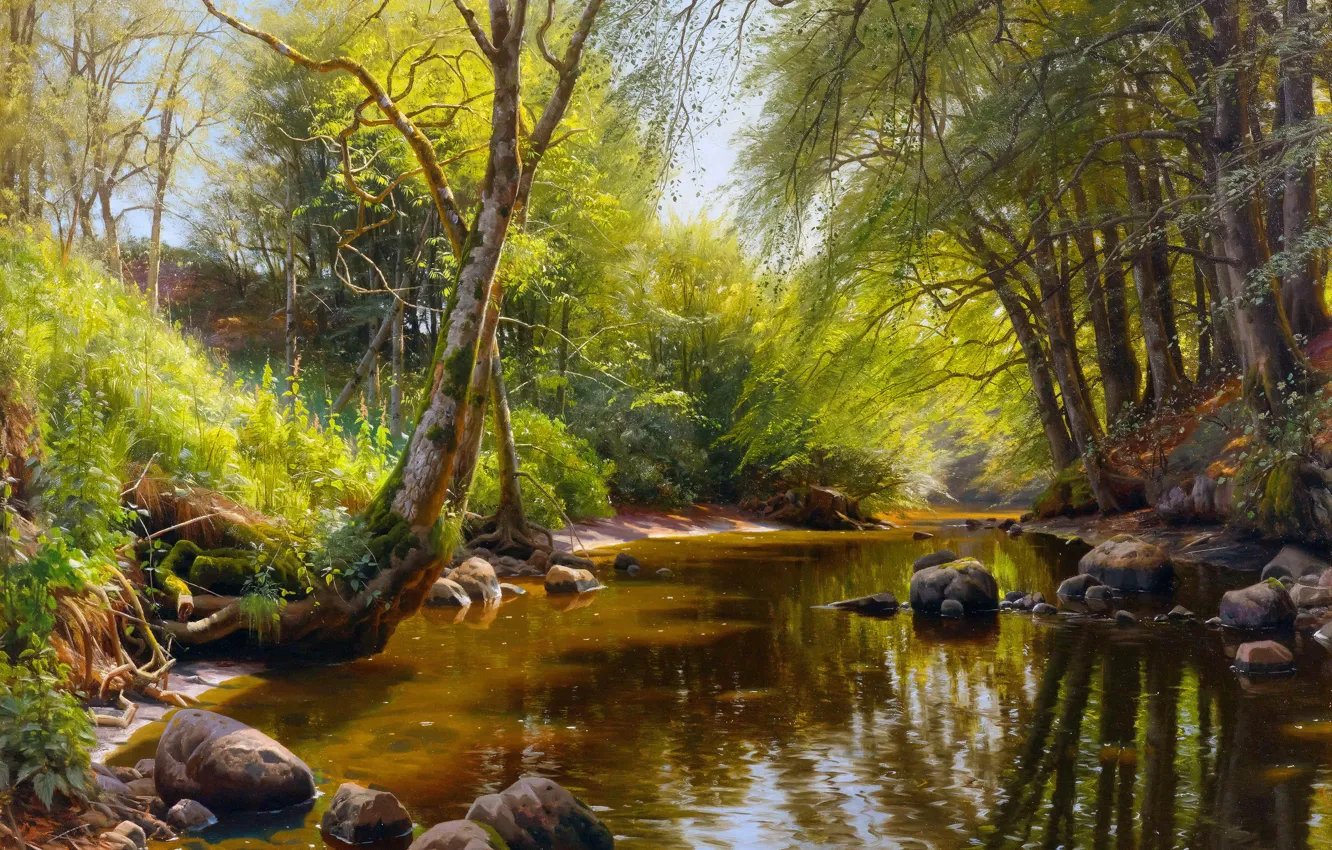 Фото обои Деревья, Картина, Речка, Peder Mork Monsted, Петер Мёрк Мёнстед, Peder Mørk Mønsted, Речной пейзаж, Датский …