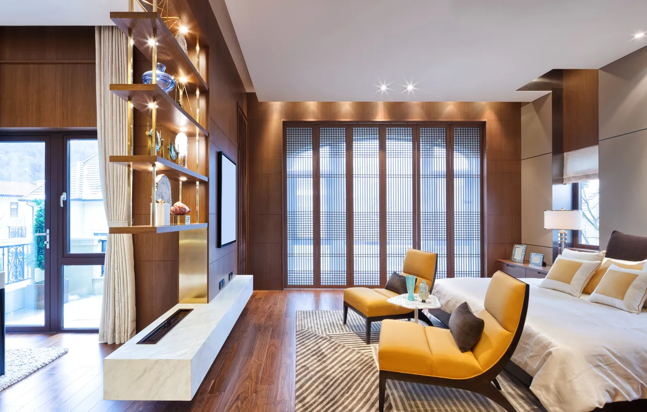 Фото обои комната, кровать, кресло, балкон, Design, спальня, Bed, Interior
