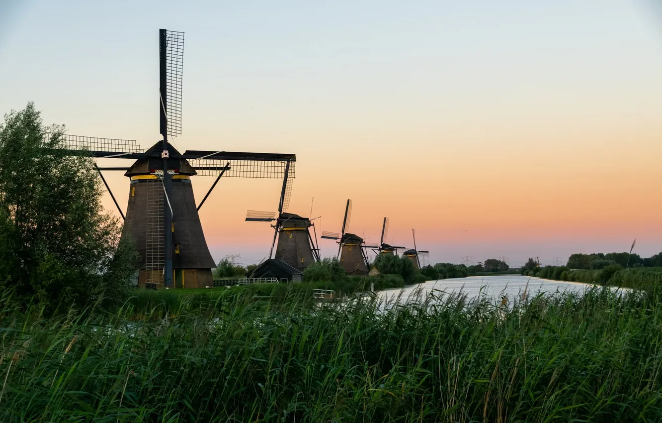 Фото обои water, Netherlands, Kinderdijk, windmills