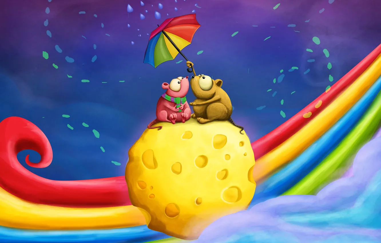 Фото обои зонтик, радуга, сыр, пара, двое, свидание, мышки