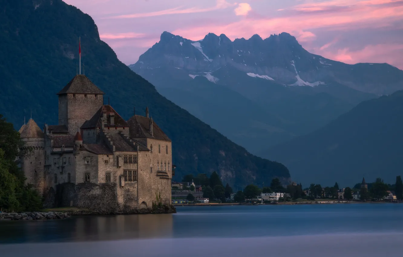 Фото обои горы, озеро, замок, Швейцария, Schloss Chillon, Veytaux, lake Geneva