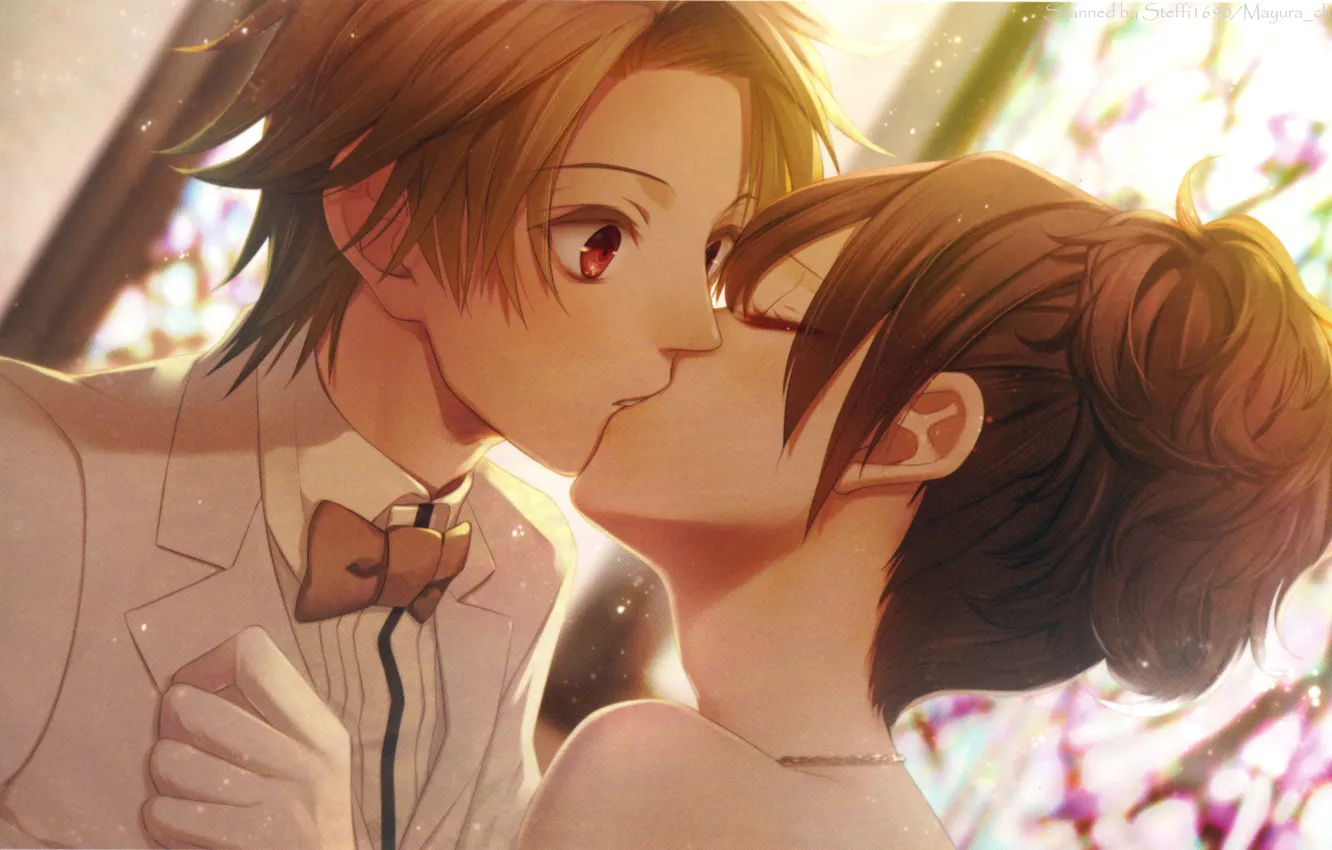 Фото обои поцелуй, шея, art, свадьба, visual novel, жених и невеста, галстук-бабочка, nagaoka