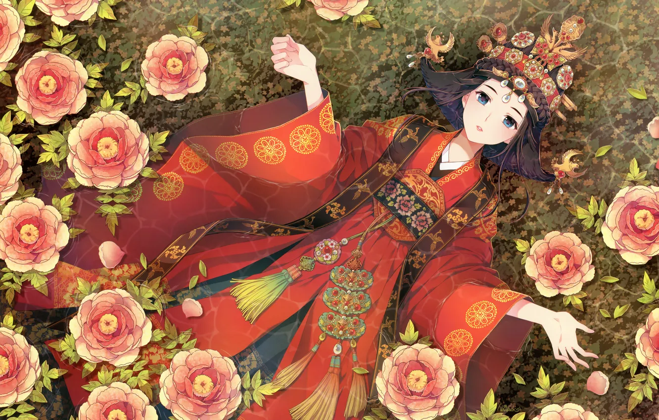 Фото обои вода, девушка, украшения, цветы, корона, платье, арт, лежа