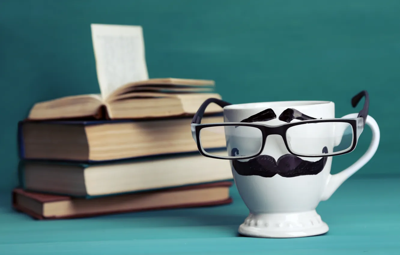 Фото обои книги, кофе, очки, кружка, cup, lips, funny, glasses